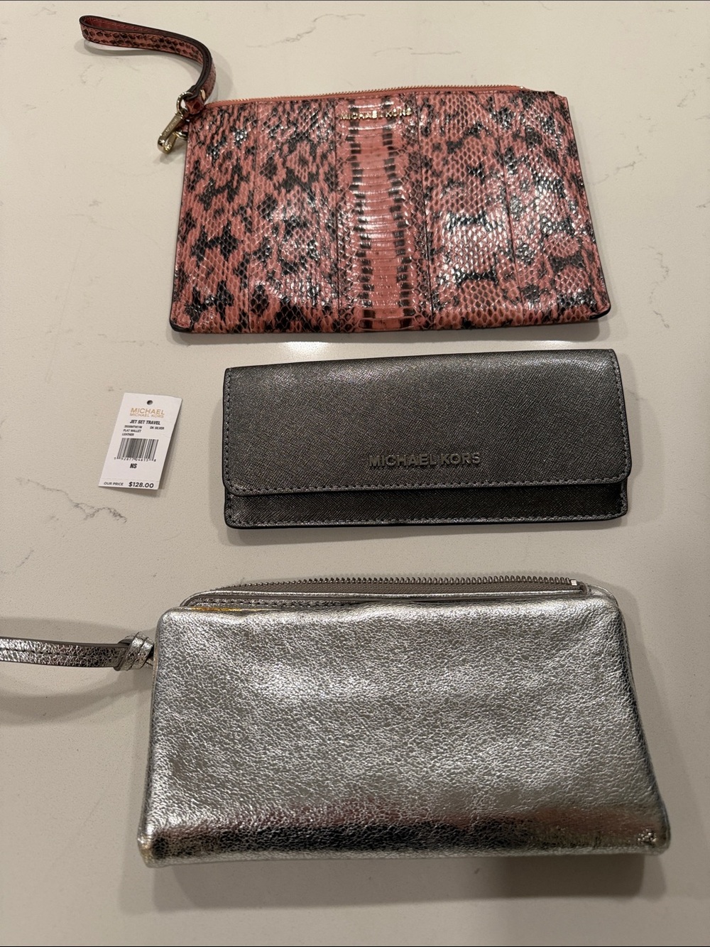 Michael Kors Pink Snake-Print Wristlet Clutch with Silver Metallic Pouch